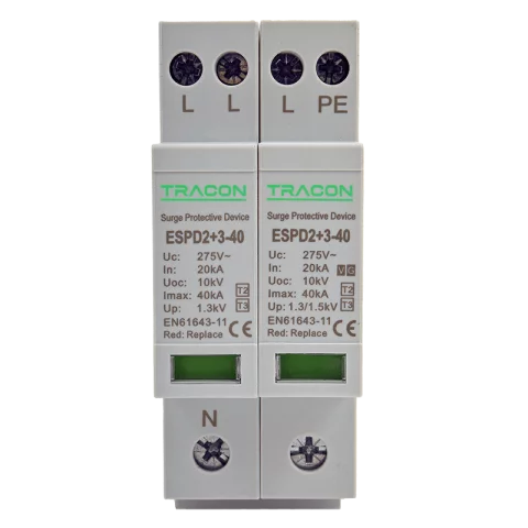 Túlfeszültség levezető 3+1P 40kA (2+3 típus) AC túlfesz védő Tracon ESPD2+3-40-3+1P