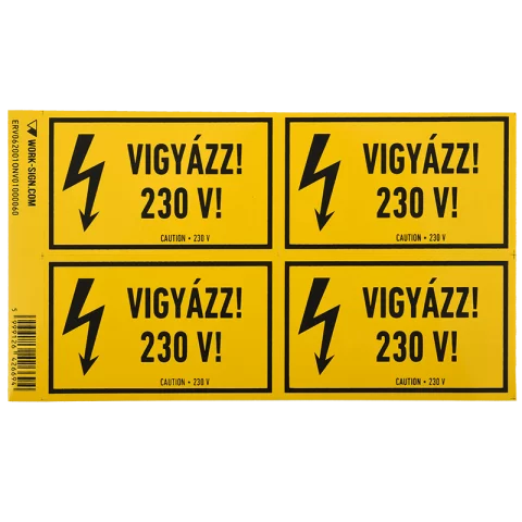 Figyelmeztető Matrica Öntapadós "Vigyázz! 230V!" 100x60mm 4db/ív